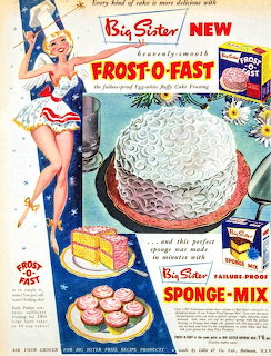 Vintage illustrated ad with a frosted cake, cake slices, cookies, and a smiling retro baker