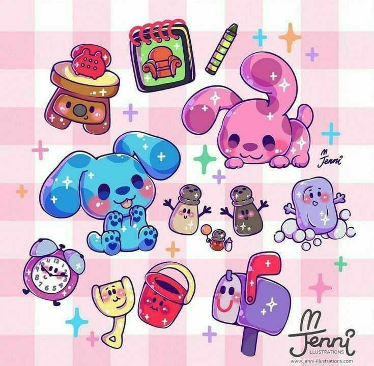 Collection of cute kawaii cartoon characters with smiling faces on pink checkered background