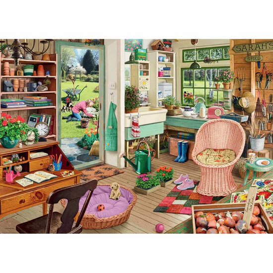 Garden shed interior with plants, tools, shelves, wicker chair and open door showing garden view