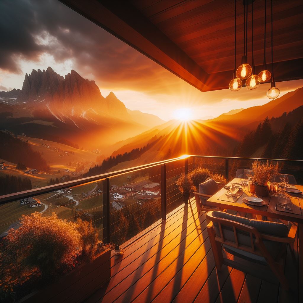 Sunset view of mountain peaks from wooden balcony with glass railing and warm golden light