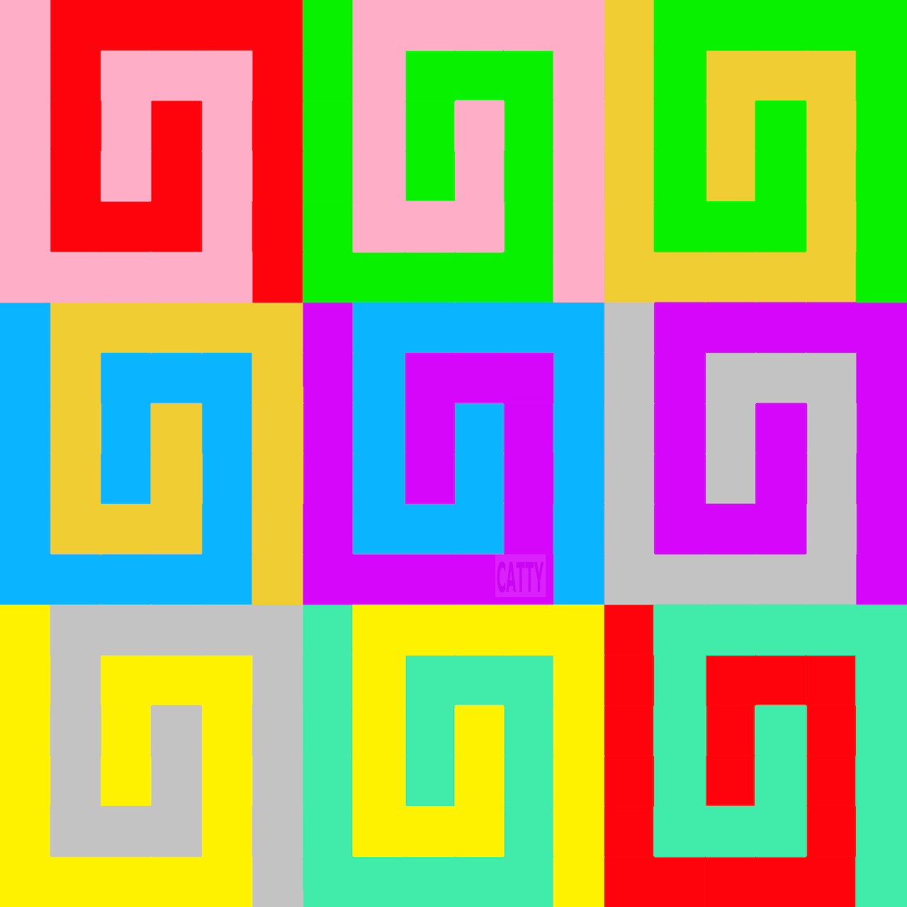Grid of nine colorful squares with geometric spiral patterns in bright contrasting colors