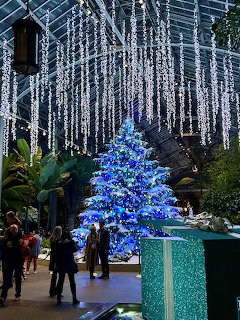 Blue lit Christmas tree beneath white cascading lights in glass conservatory with holiday visitors