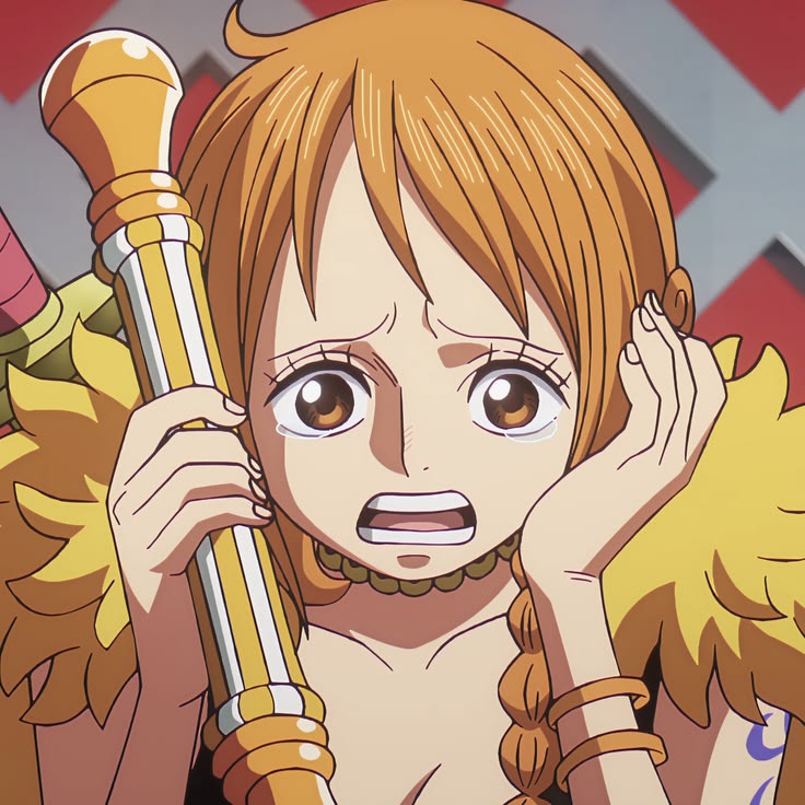Anime girl with orange hair holding golden telescope, surprised expression
