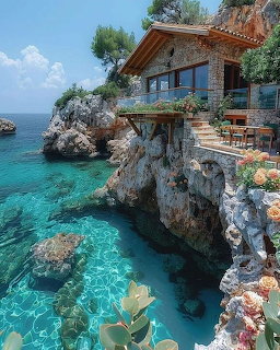 House perched on rocky cliff overlooking clear turquoise sea under blue sky
