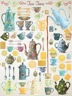 Collection of ornate teapots, teacups, and tea accessories with floral and vintage patterns arranged on white background