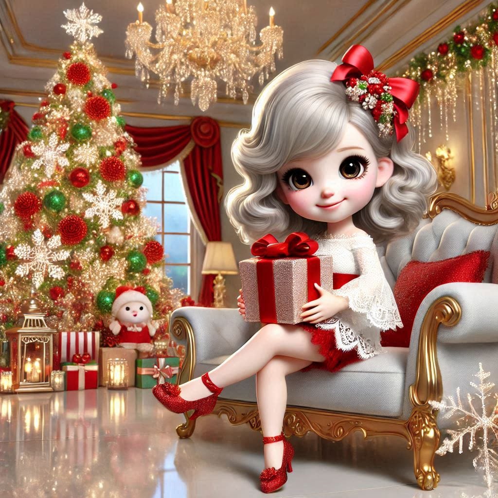 Animated girl with silver hair holding red gift box next to Christmas tree in ornate room