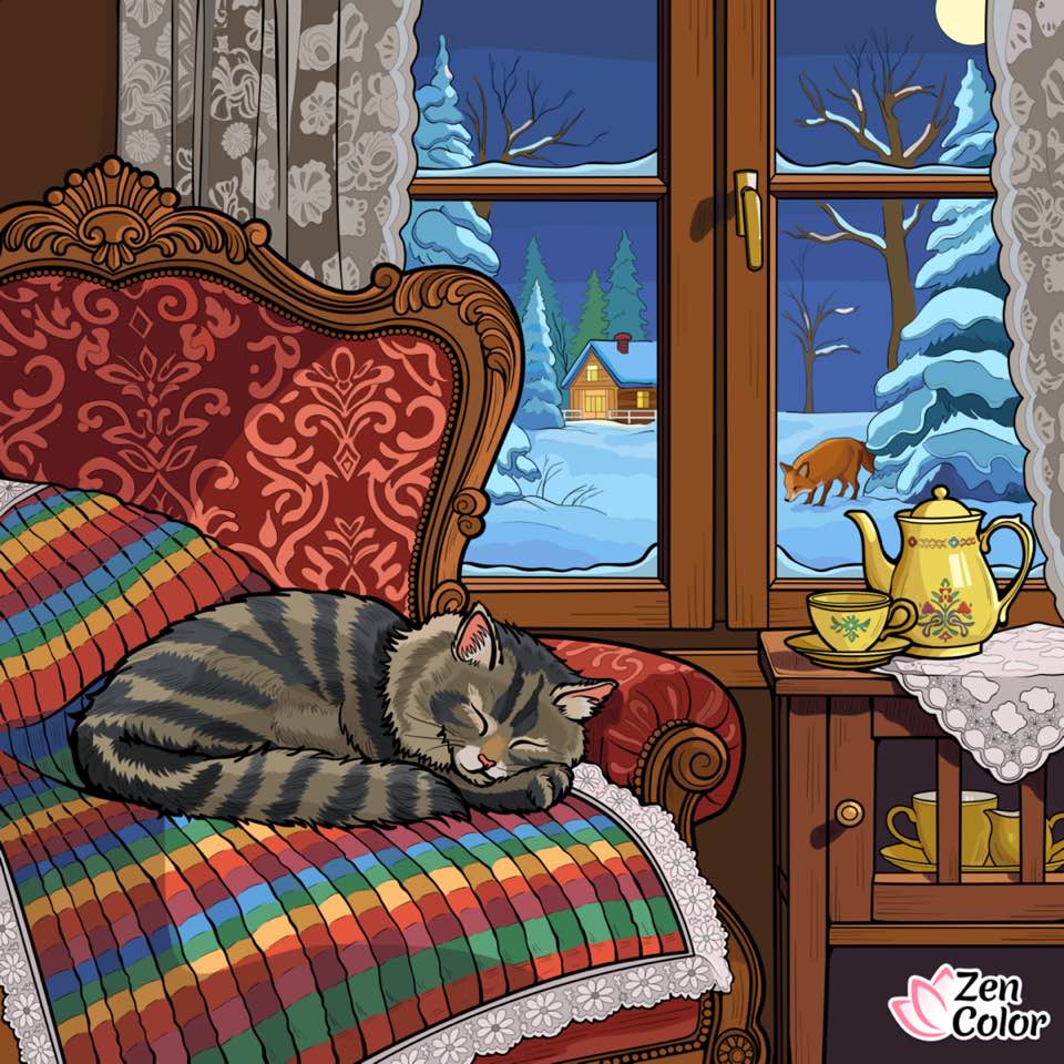 Gray tabby cat napping on striped blanket by window overlooking snowy winter evening scene