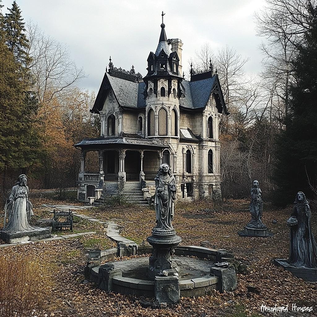 Gothic Victorian mansion with central tower, fountain, and statues in overgrown yard