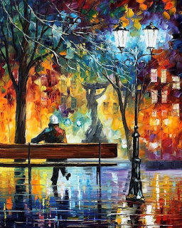 Colorful impressionist painting of person sitting alone on bench in rainy park at night with glowing street lamps