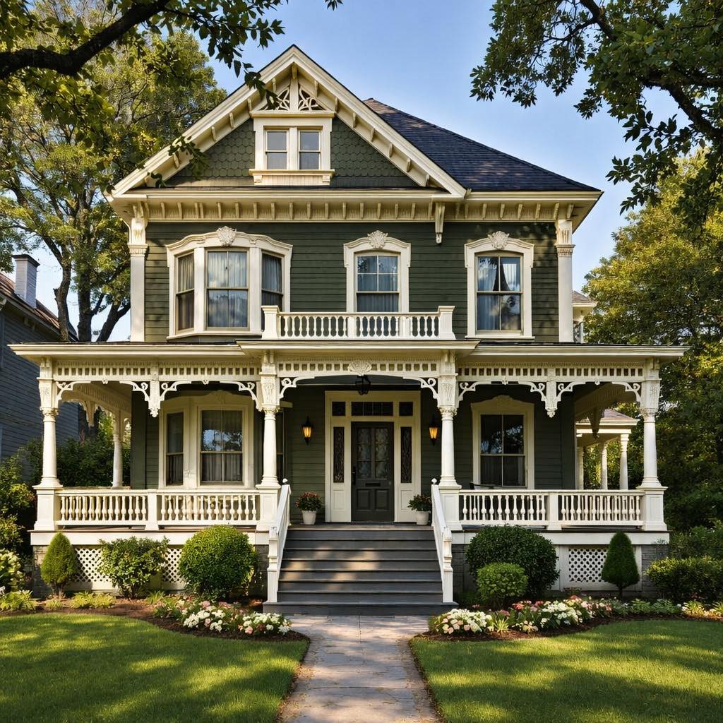 Victorian-style house with a wraparound porch, front steps, and manicured lawn