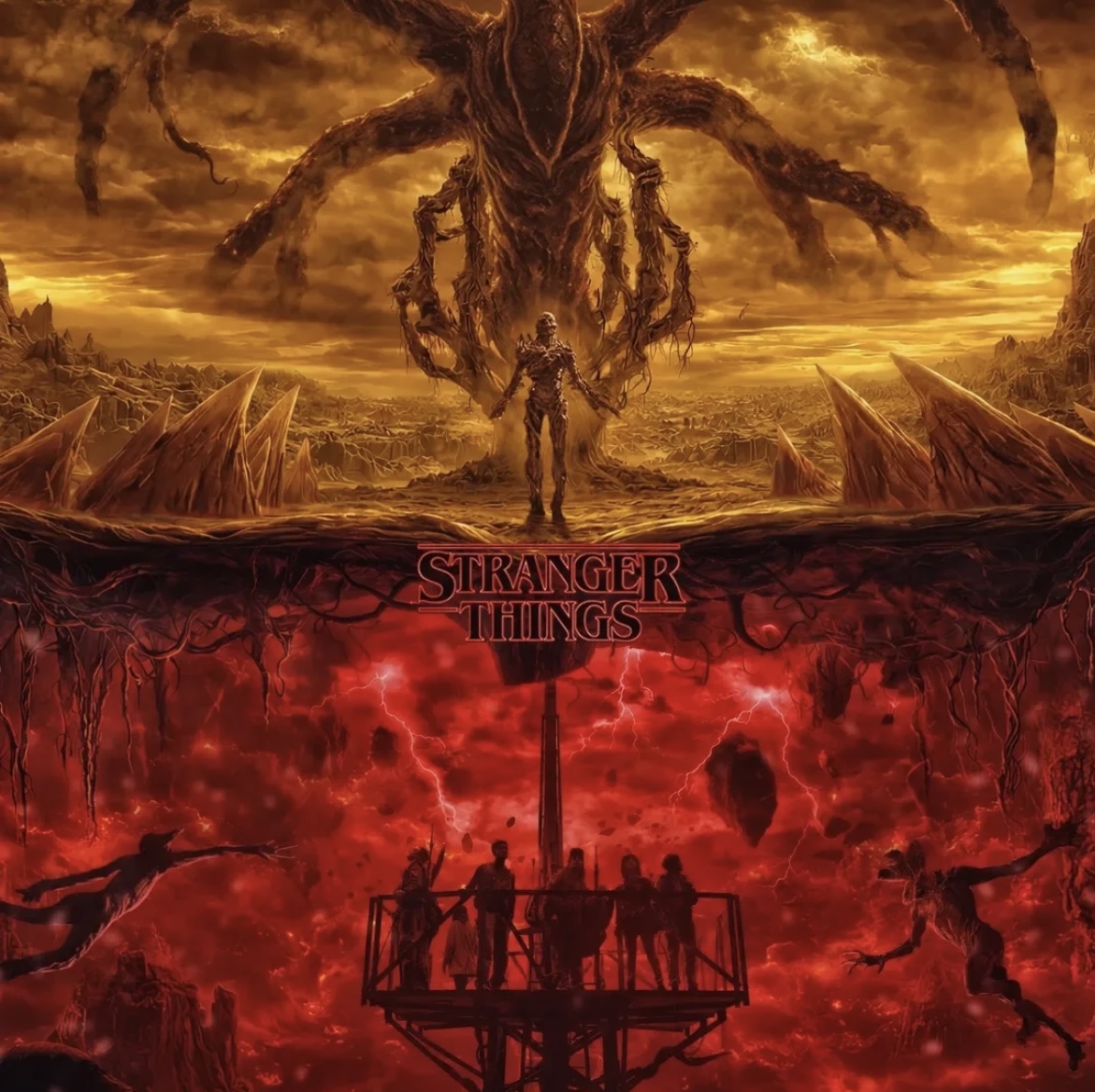 Stranger Things poster with a large monster above and silhouetted figures on a platform in a red underworld