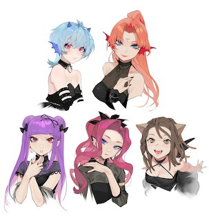 Five anime-style girls with vibrant hair colors wearing black clothing against a white background