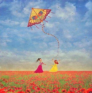 Painting of two girls flying a colorful kite in a red poppy field under a blue sky