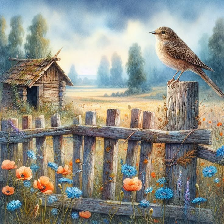 Small bird on a wooden fence beside wildflowers and a rustic cottage in the countryside