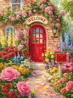 Red cottage door surrounded by pink climbing roses and vibrant garden flowers with stone pathway