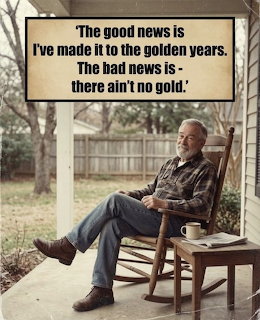 Older man sitting in a rocking chair on a porch with a humorous text sign above him