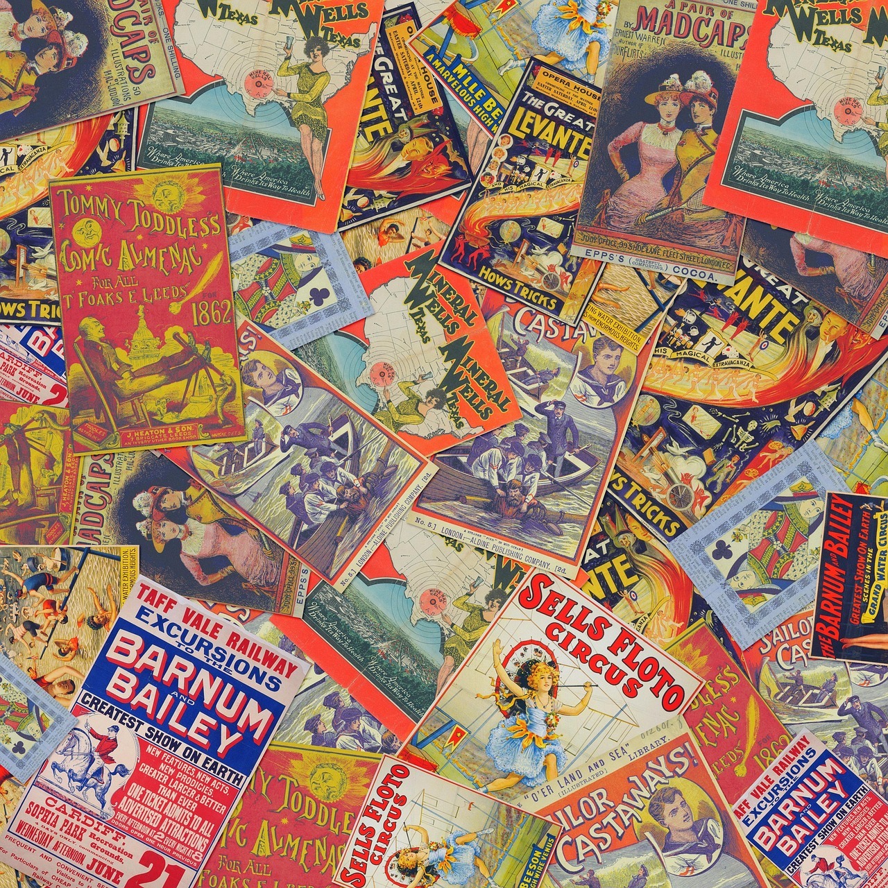 Overlapping vintage circus posters with colorful illustrations of performers, animals, and bold lettering