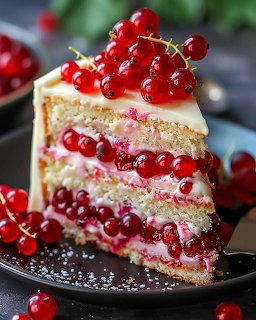 Slice of layered cake with red currants, cream filling, and white frosting on dark plate