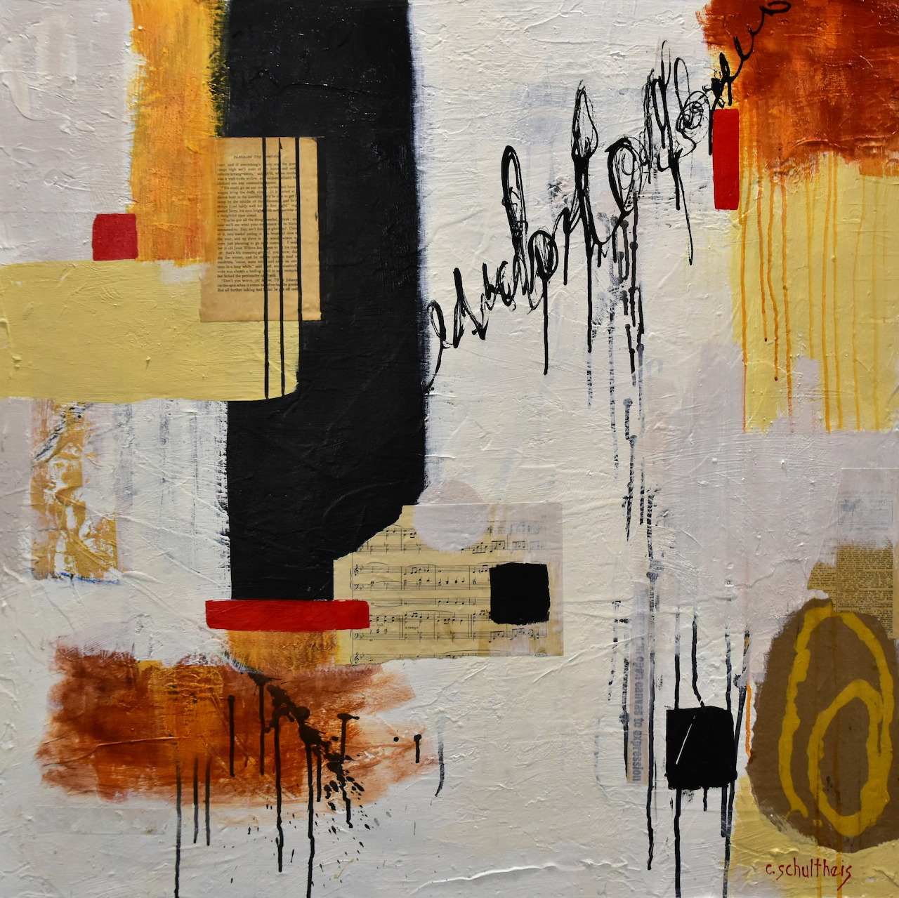 Abstract painting with black vertical strokes, yellow and orange geometric shapes, and handwritten text on white textured canvas