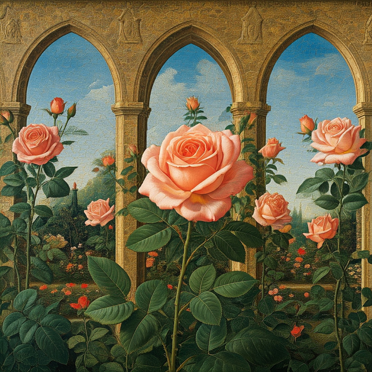 Painting of pink roses in a garden framed by three stone arches