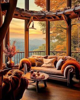 Cozy terrace seating area with autumn mountain view through windows at sunset