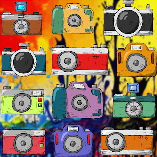 Grid of colorful illustrated vintage cameras in pop art style on abstract multicolor background