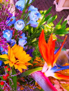 Colorful flower bouquet with bird of paradise, sunflower, blue irises, and purple orchids