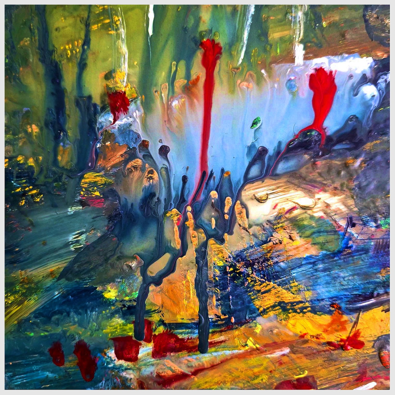 Abstract painting with bold colorful brushstrokes in blue, green, yellow, orange and red