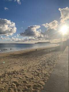 Sunny sandy beach with calm ocean, large clouds, and bright sunlight near the horizon