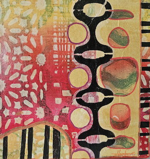 Abstract collage with geometric patterns, circles, grids in red, gold, and black with textured layered composition