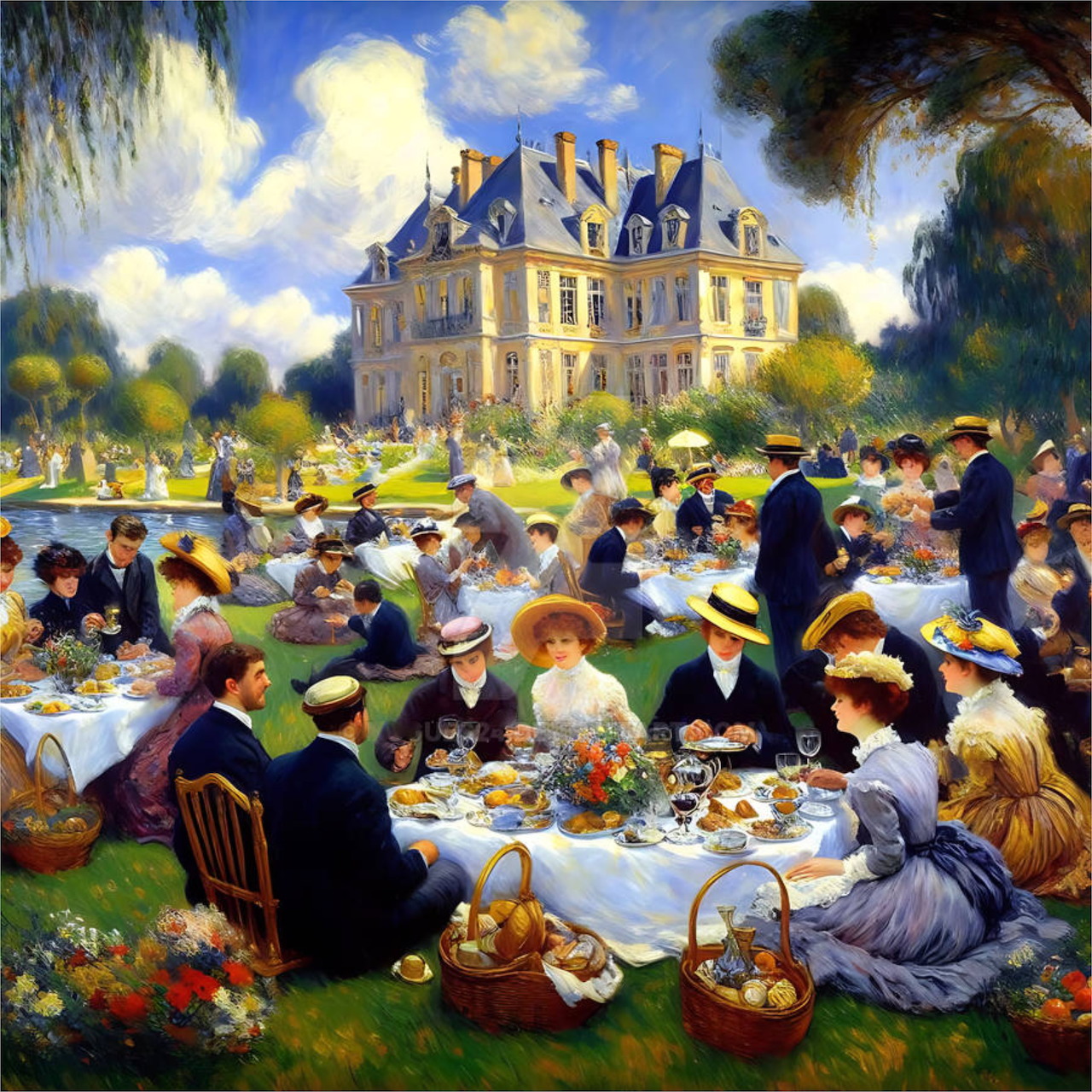 Impressionist painting of outdoor garden party with guests at tables before a grand chateau