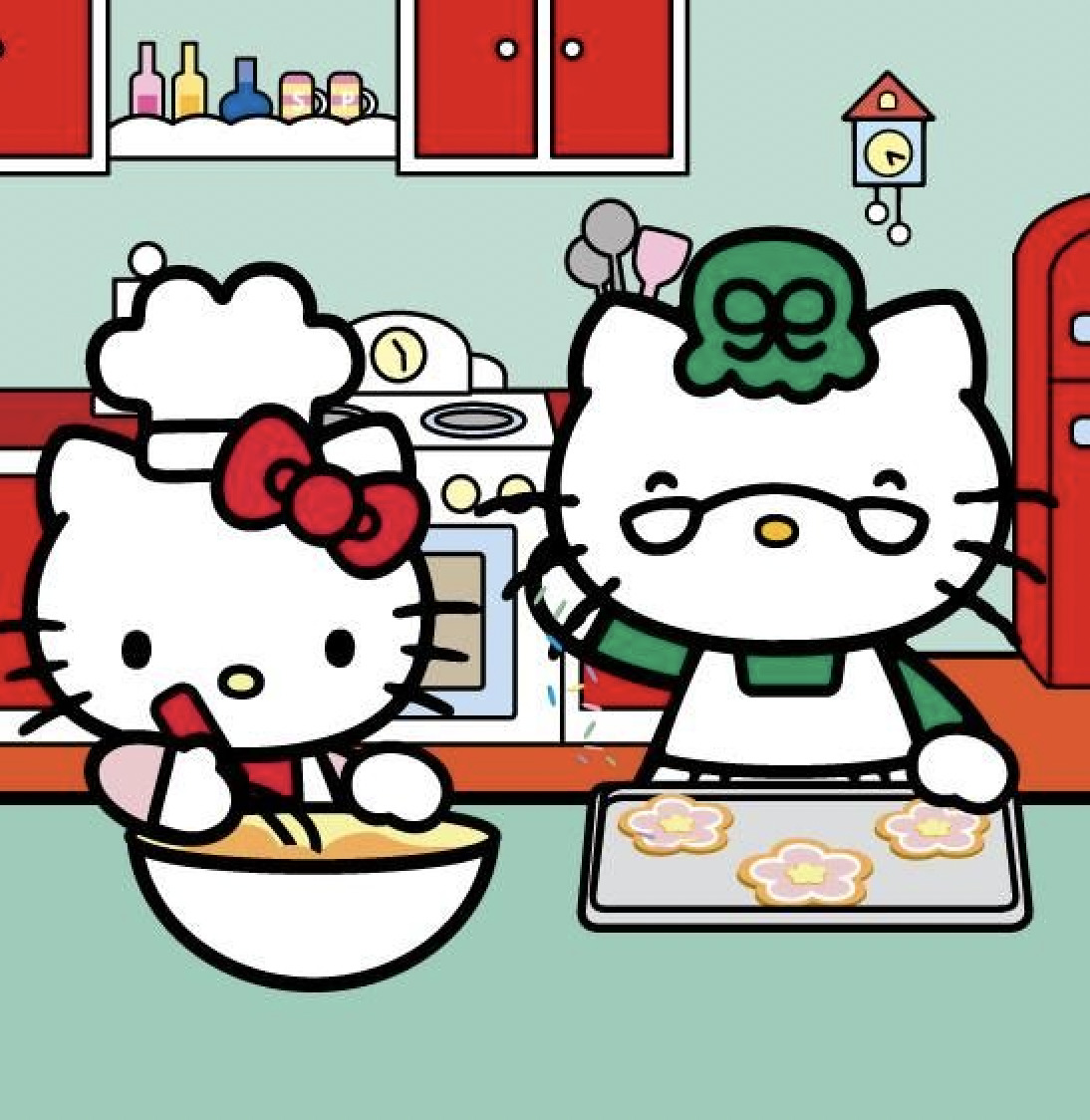 Hello Kitty and grandpa character baking cookies together in a cartoon kitchen