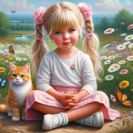 Girl with Kitten in Flower Field