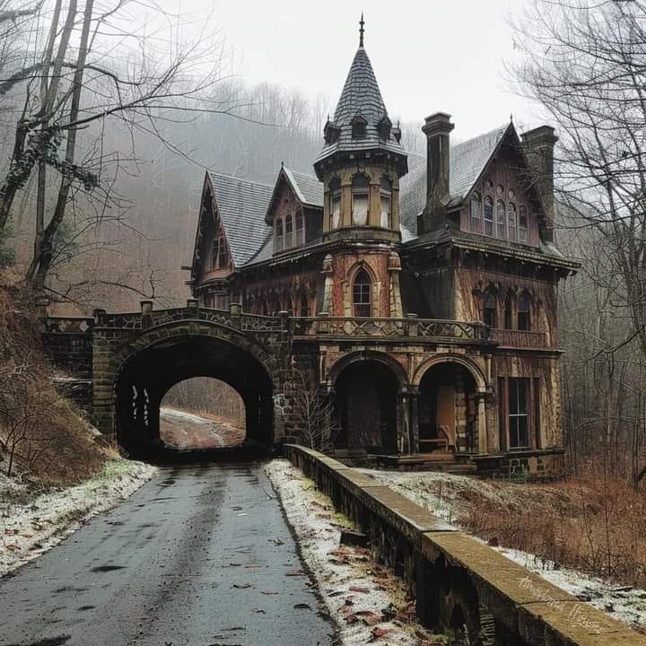 Abandoned gothic house with tower beside a misty road and stone arch bridge in winter