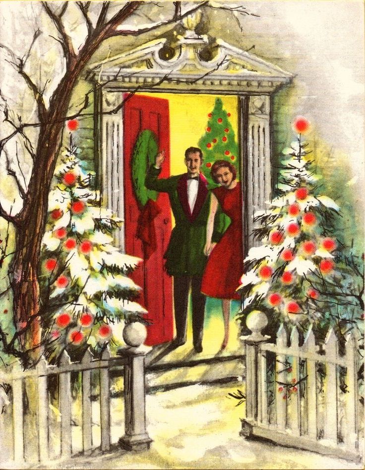 Vintage Christmas illustration of a couple at a snowy doorway with decorated trees and a white gate