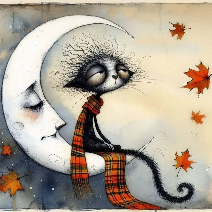 Cat in plaid scarf sitting on crescent moon with falling autumn leaves