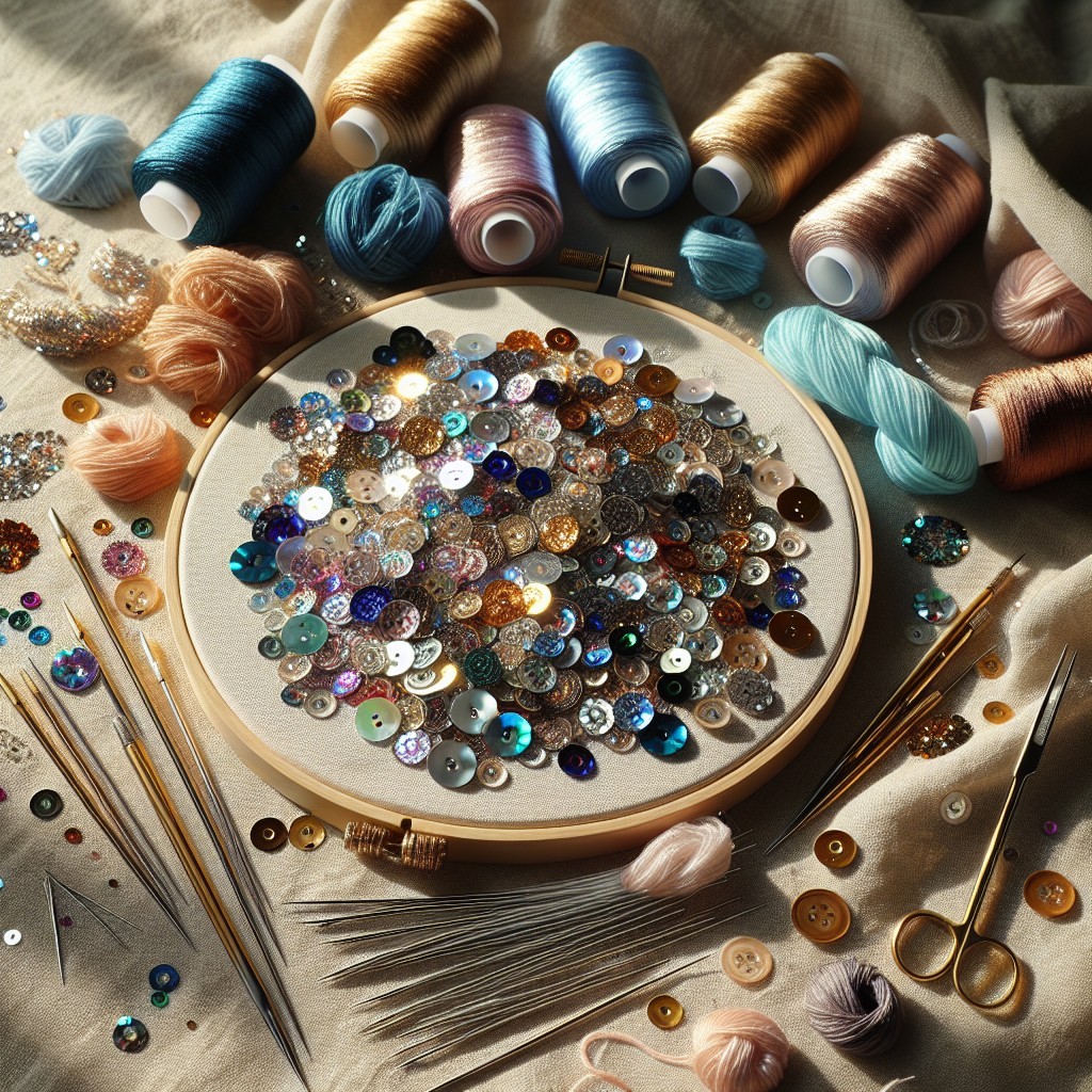 Embroidery hoop with sequins, thread spools, scissors and craft supplies arranged on table