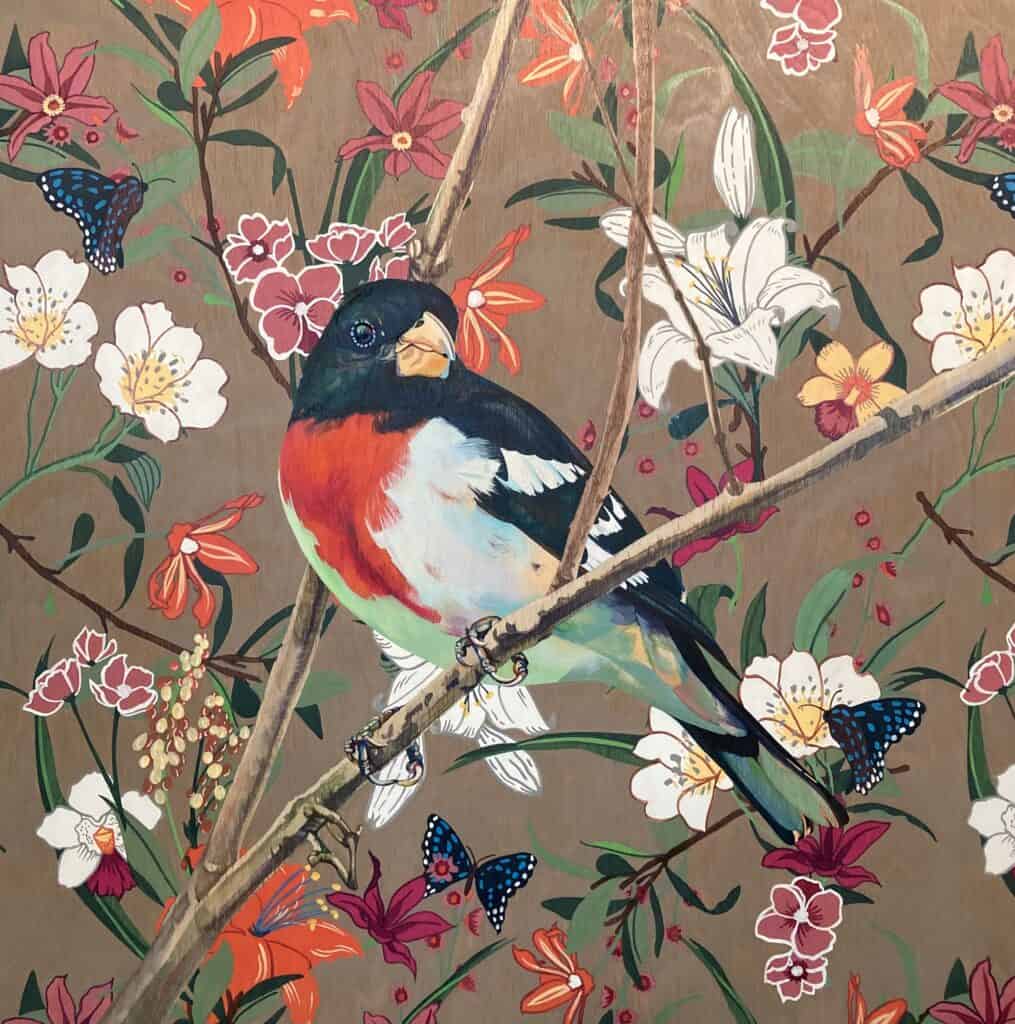 Illustrated red-breasted songbird on a branch surrounded by flowers and butterflies