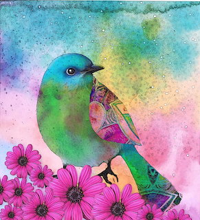 Colorful Bird with Pink Flowers