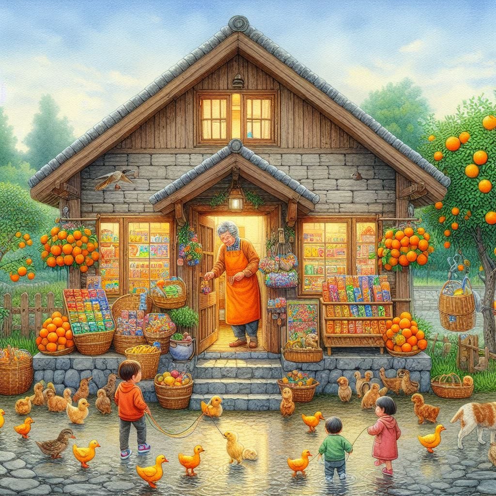 Stone cottage with children gathering pumpkins and chickens in yard, warm glowing windows, autumn farm scene