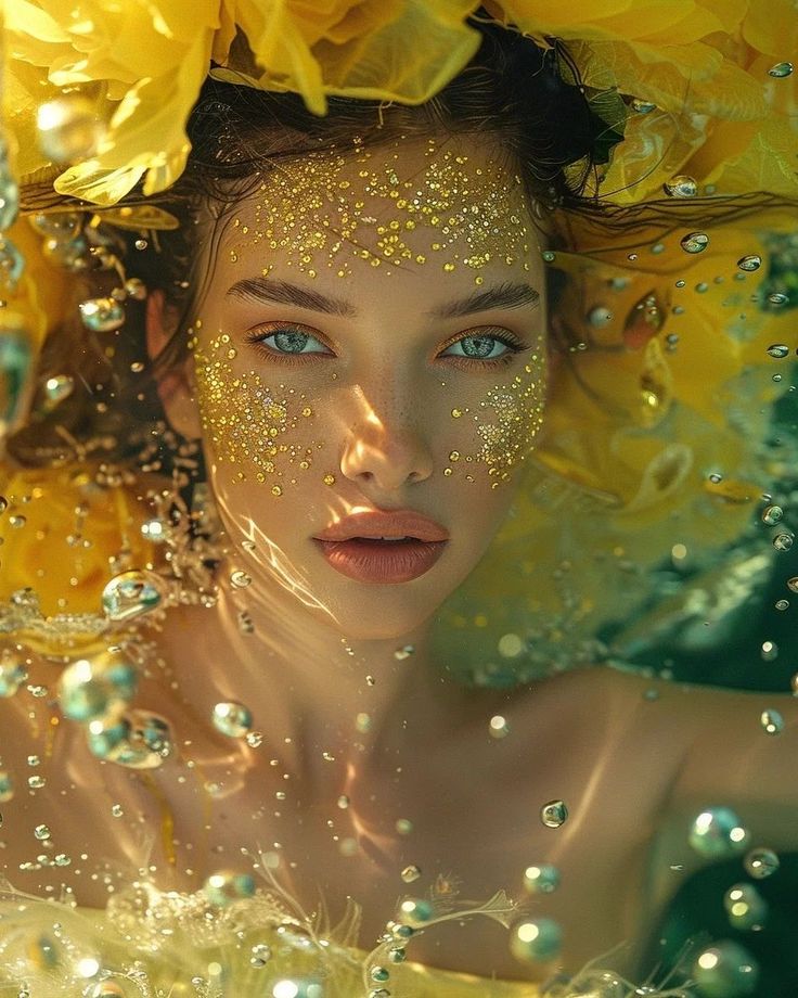 Woman With Gold Glitter and Yellow Flowers