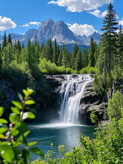 Waterfall flowing into turquoise pool with mountain peak and forest under blue sky