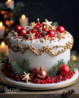 Festive white Christmas cake with red ornaments, berries, star cookies, and evergreen sprigs