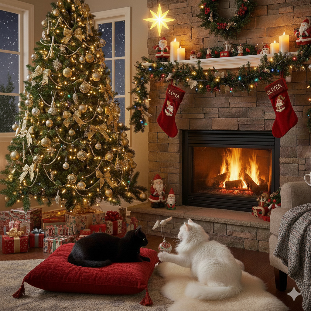 Two cats by a fireplace and decorated Christmas tree in a cozy holiday living room
