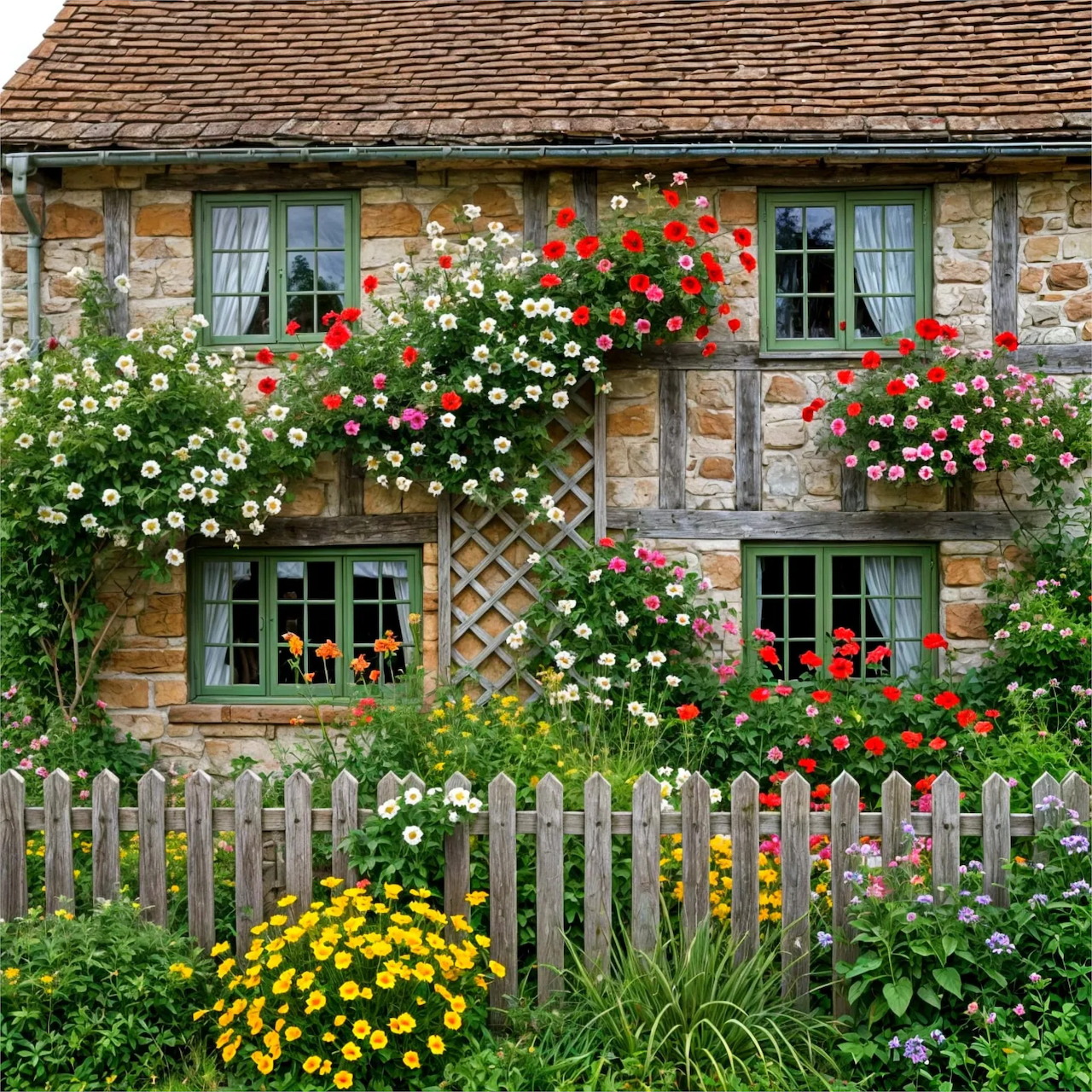 Stone cottage with red and white climbing roses, flower beds, and wooden fence