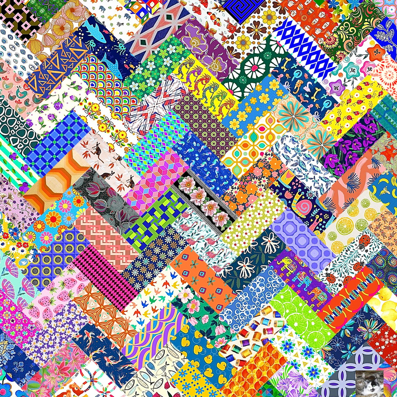 Colorful patchwork quilt with diverse fabric patterns in diagonal arrangement