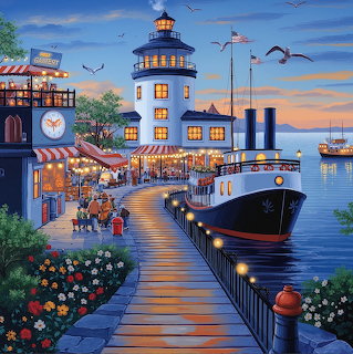 Illustrated sunset harbor scene with lighthouse, pier, boat, flowers, and people walking by the water