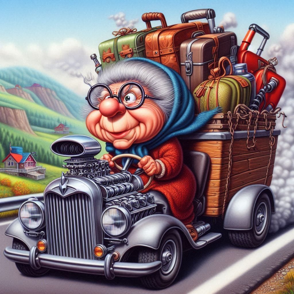 Cartoon grandma with glasses driving vintage car loaded with suitcases on mountain road