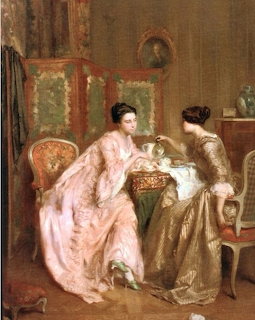 Oil painting of two women in elegant dresses sharing tea in a Victorian interior