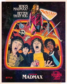 Retro illustrated Stranger Things poster with MadMax character and kids in arcade theme